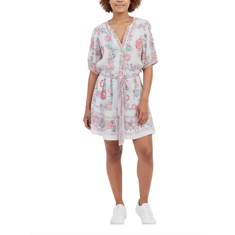 Joie Floral V-Neck Tiered Mini Dress White Red Short Puff Sleeve 2X Boho